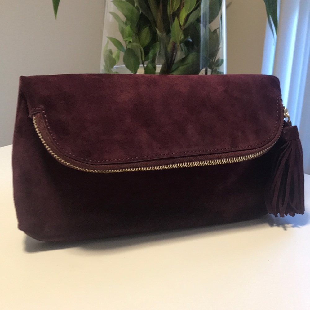 Barneys New York. Burgundy suede foldover pouch.